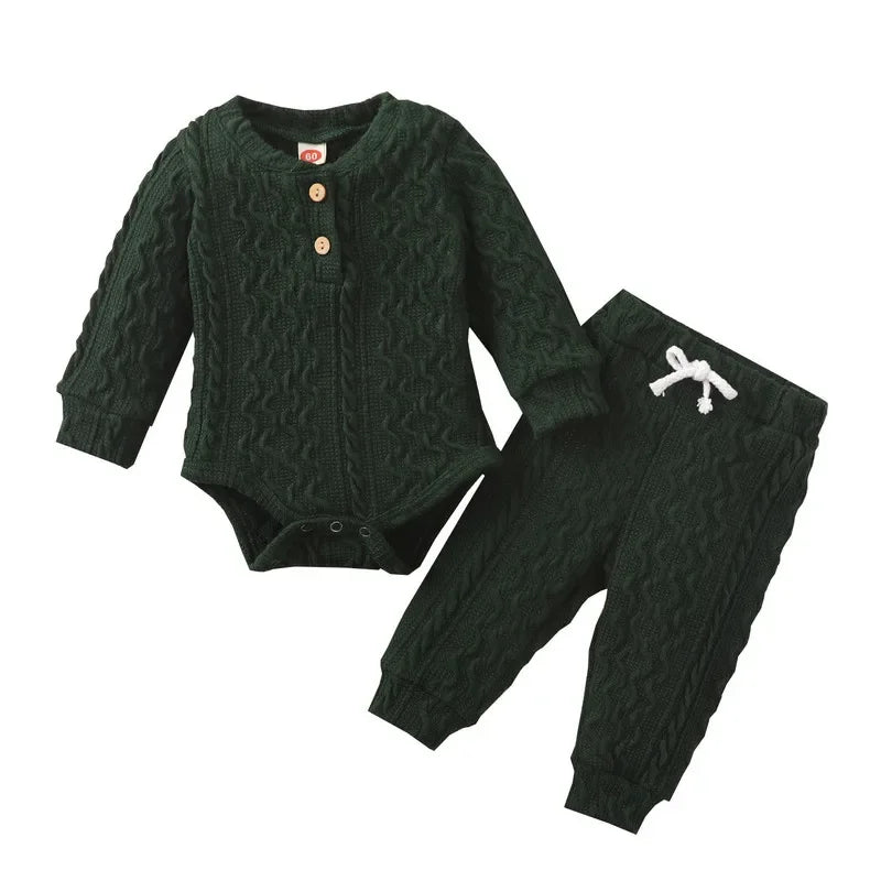 Newborn Baby Girl Boy Bodysuit Pant Sets Autumn Clothes Long Sleeve Button Sweater and Knitting Trousers Baby Items Clothing