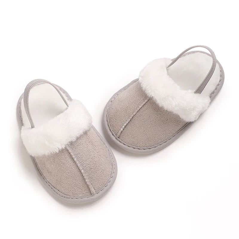 Toddlers Baby Boys Girls Fluffy Slides Soft Slippers Anti-slip Pre-walker Newborn Plush Warm Floor Shoes Elastic Back Strap