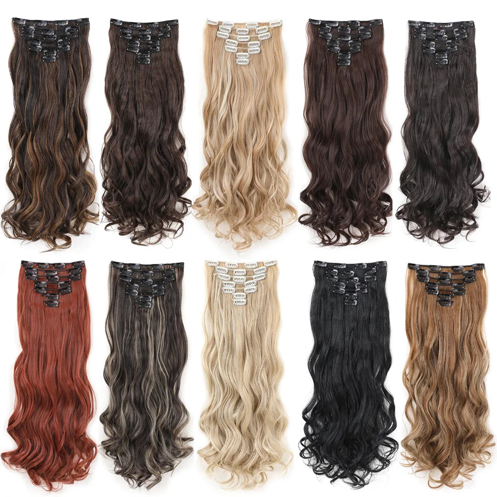 22Inch Long Body Wave Clip in Hair Extension Hairstyle 16 Clips 7Pcs/Set Synthetic Black Brown Hairpieces For Women