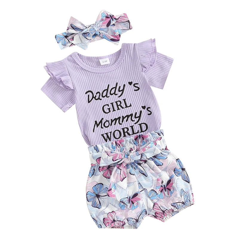 Newborn Baby Girls Outfit Daddy s Girl Mommy s World Print Short Sleeve Romper Jumpsuit Bodysuit Tops Floral Shorts