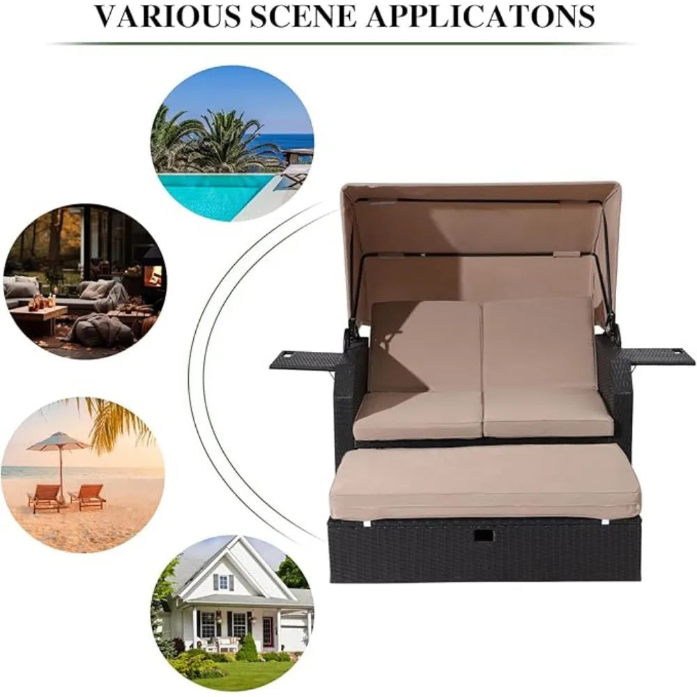 Outdoor Wicker Loveseat - Patio Furniture Set with Retractable Canopy, Adjustable Back, Side Table, Ottoman, Cushion