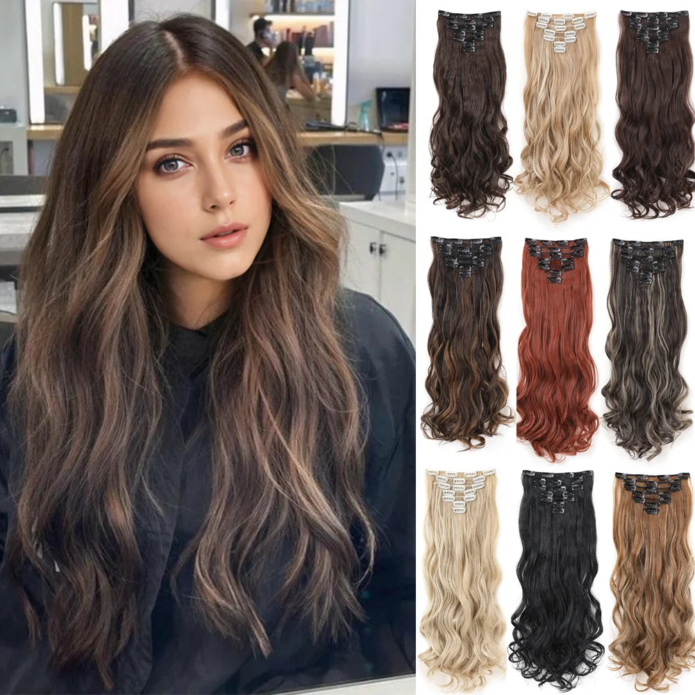 22Inch Long Body Wave Clip in Hair Extension Hairstyle 16 Clips 7Pcs/Set Synthetic Black Brown Hairpieces For Women