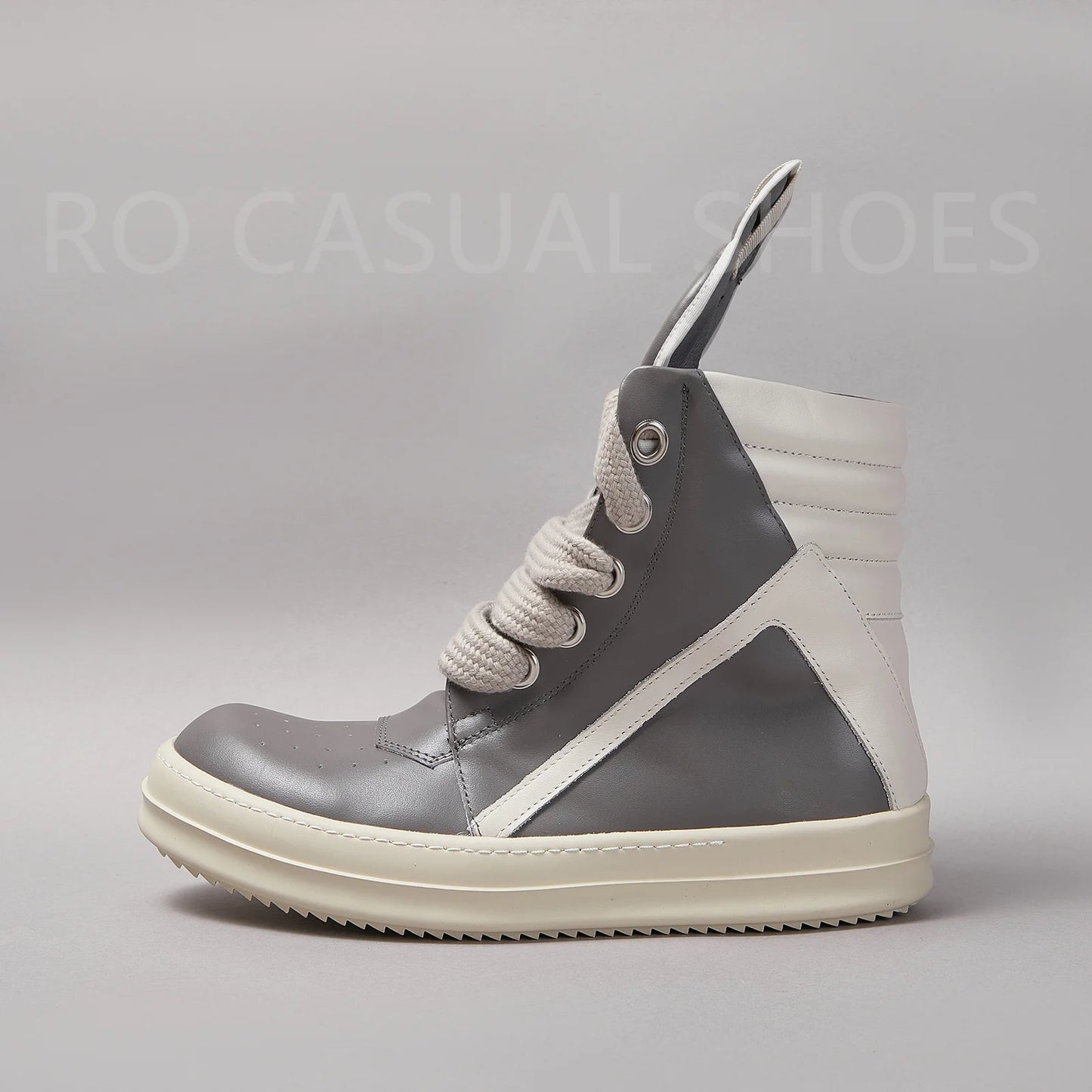 Ricks Genious Grey Leather Jumbo Lace High Top Geobasket Owens Quality Men Shoe Women Sneaker Casual Owens Design boots & Shoes