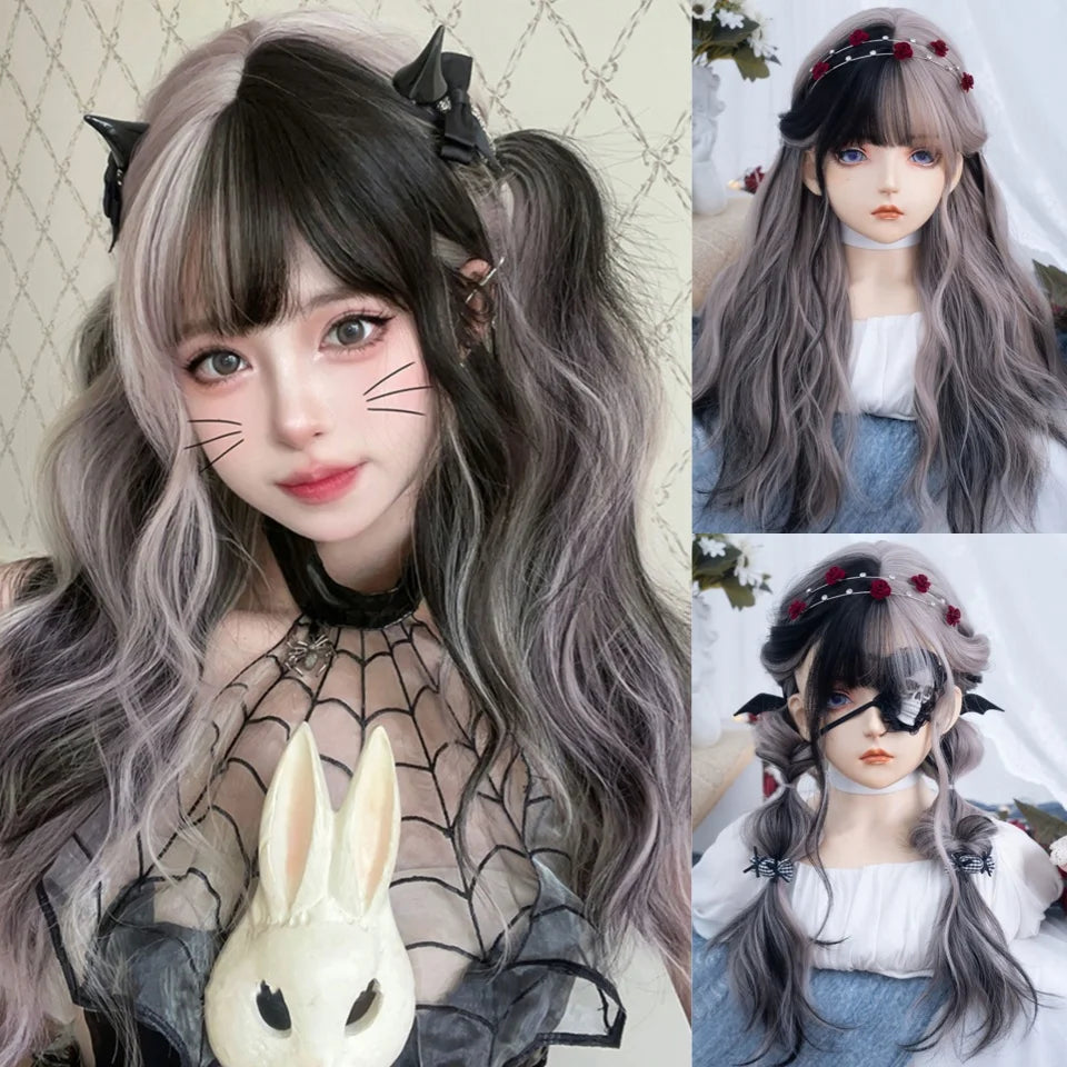 LM Long Body Wave Black And Gray Ombre Cosplay Wigs Heat Resistant Synthetic Wigs Bangs Natural Lolita Wigs For Women Halloween