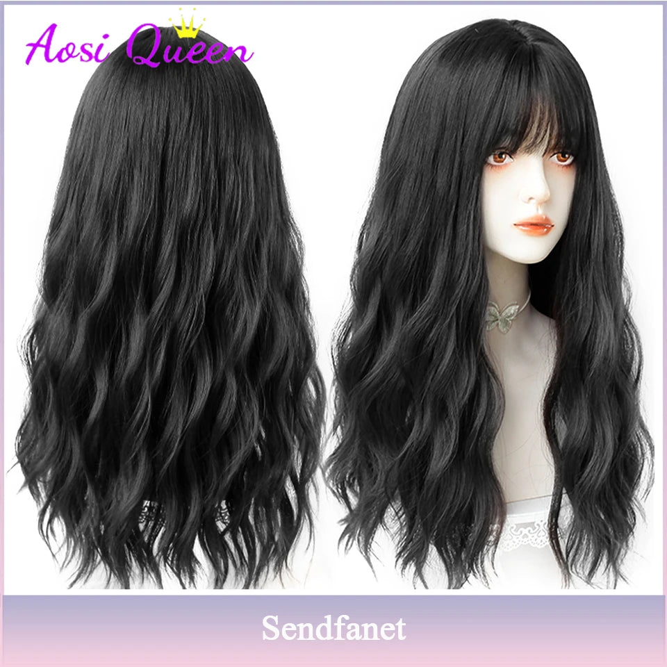 AS Long Straight Black Synthetic Wig For Woman With Bangs black Cosplay Lolita Wigs Heat Resistant Natural Hair