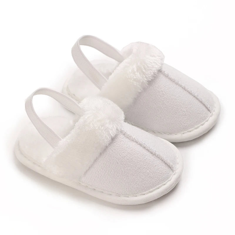 Toddlers Baby Boys Girls Fluffy Slides Soft Slippers Anti-slip Pre-walker Newborn Plush Warm Floor Shoes Elastic Back Strap