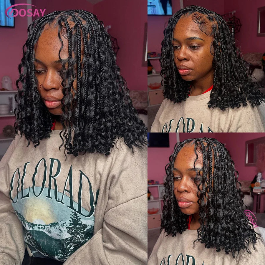 Short 12 Inch Bohemian Curly Braided Full Lace Front Wigs Knotless Box Braid Bob Wig Women Synthetic Locs Goddess Cornrow Braids