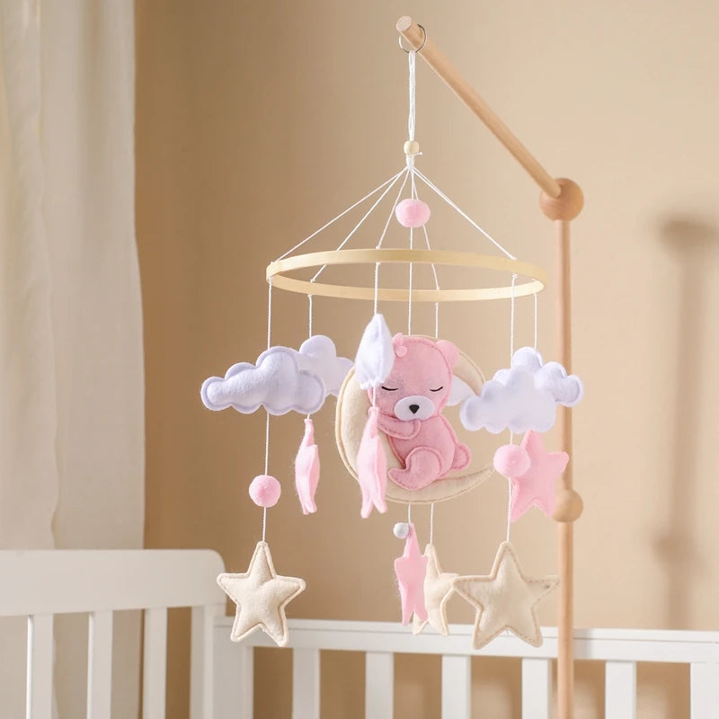 Wooden Crib Mobile Baby Bed Bell Rattle Toy Soft Felt Cartoon Bear Mobile Hanging Newborn Music Box Bed Bell Hanging Bracket Toy