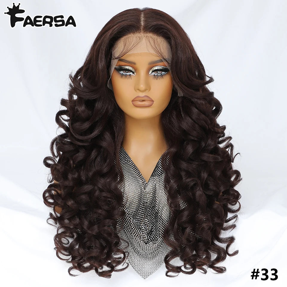 Latisha 13X6 HD Synthetic Lace Front Wigs Curly Pre Plucked Lace Frontal Wig with Bangs for Women Highlight with Babyhair 24Inch