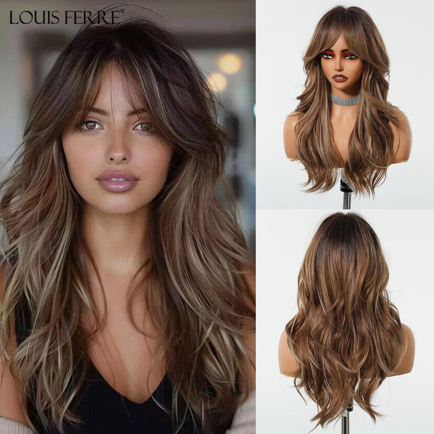 Long Wavy Layered Synthetic Wigs for Women Brown Highlights Wigs With Side Bangs Natural Hair Daily Party Heat Resistant Wig