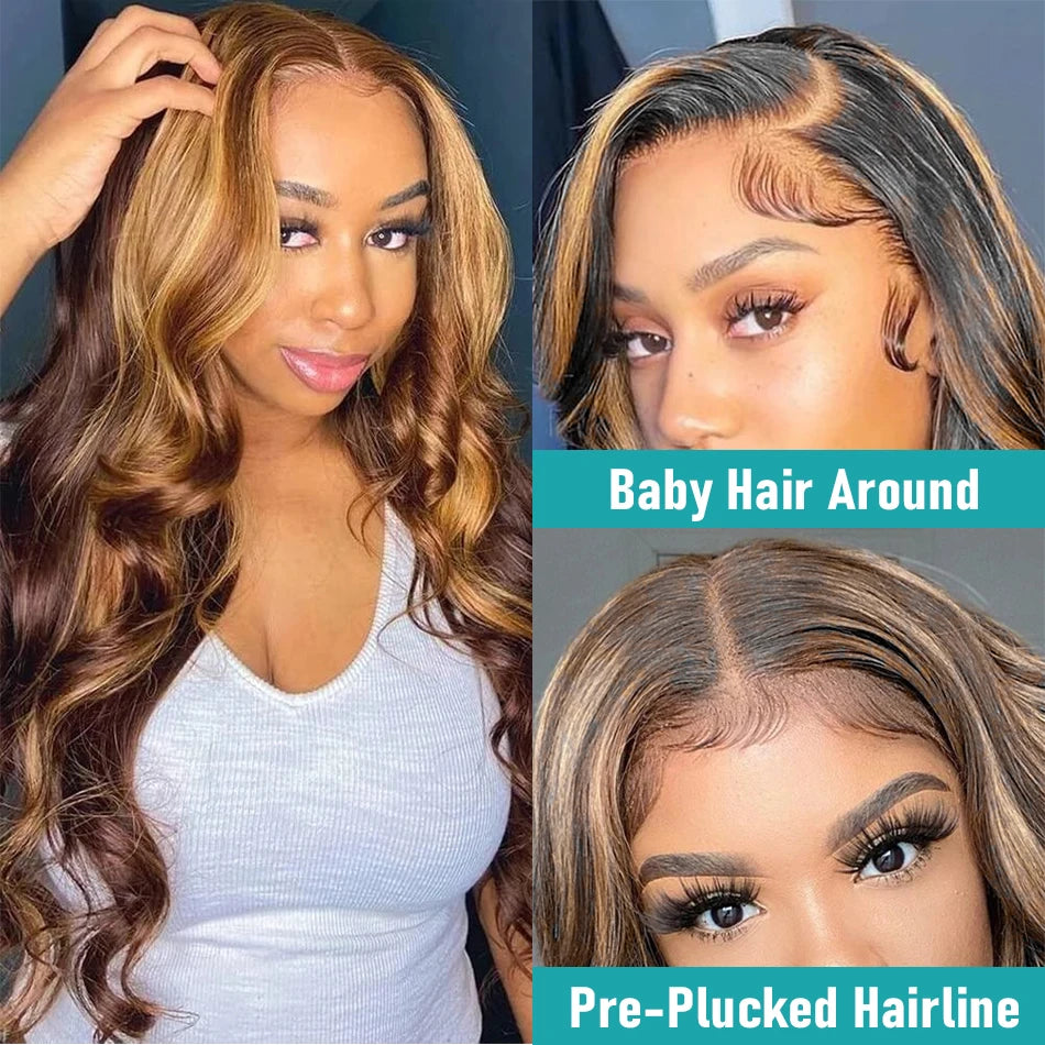 Highlight Wig 100% Human Hair Ombre Brown Lace Frontal Wig Brazilian Bleached Wigs Woman Honey Blond Body Wave Lace Front Wig