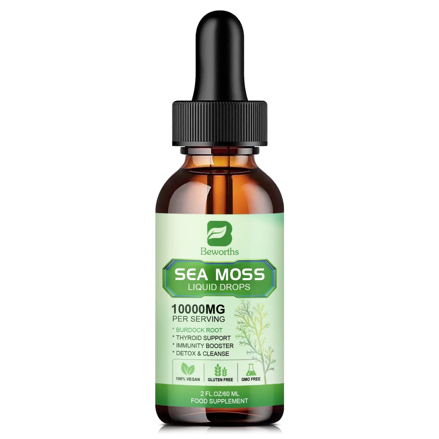 BEWORTHS Organic Seamoss Drops with Burdock Root and Spirulina Support Immunity and Gut Health, Help Digestion Weight Management