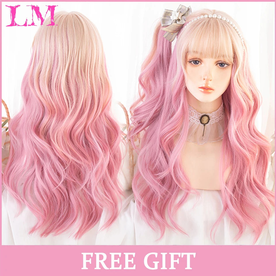 Pink Short Bob Straight Synthetic Wig with Bangs for Cosplay Lolita Fake Hair for White Women Party Natural Wig High Temperature