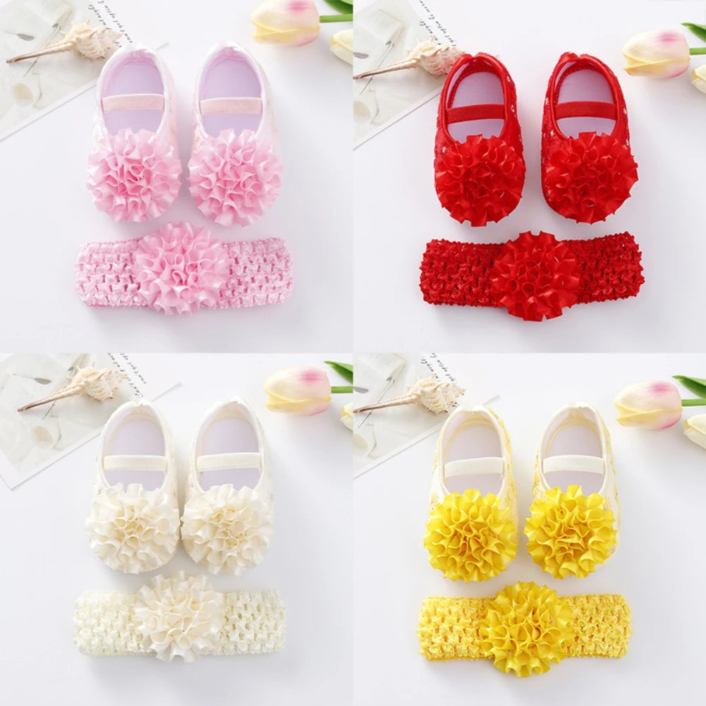 Newborn Baby Shoes Baptism Yellow Headband Baby Girl Lace Shoes Set Toddler Prewalker Cute Baby Soft Shoes for 0-12M Kids