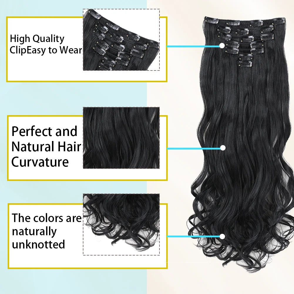 22Inch Long Body Wave Clip in Hair Extension Hairstyle 16 Clips 7Pcs/Set Synthetic Black Brown Hairpieces For Women