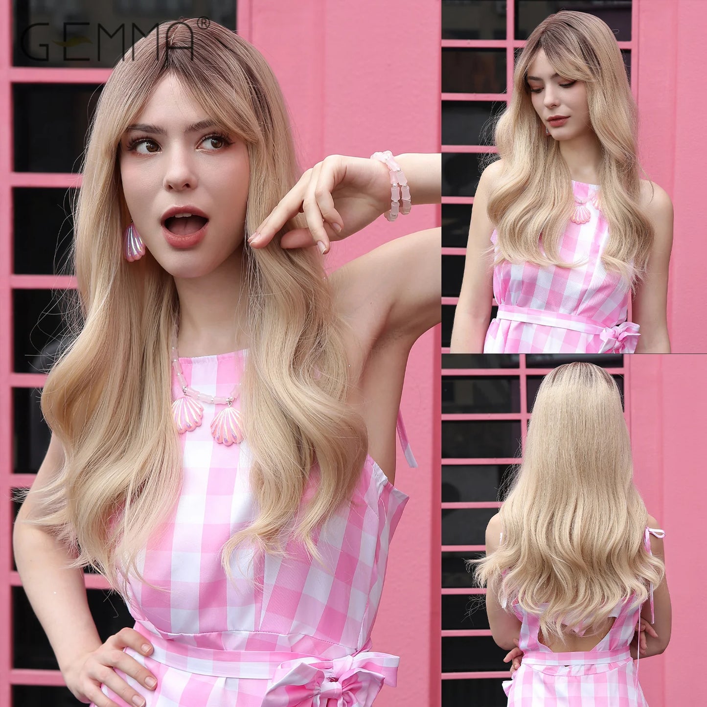 Long Wavy Light Ash Blonde Synthetic Wigs with Bangs for Women Natural Wave Cosplay Party Daily Use Hair Wigs Heat Resistant