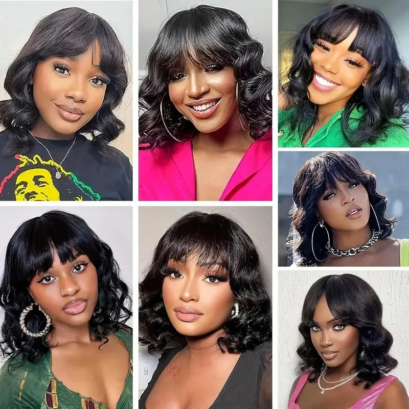 Chic Body Wave Bob Wigs With Bangs Human Hair Wigs 180% Density Glueless Full Machine Made Peruvian Remy None Lace Fringe Wig