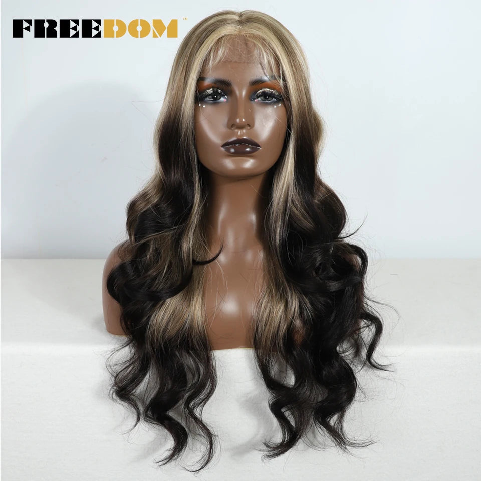 FREEDOM Synthetic Lace Front Wigs For Women  26“ Highlight Honey Brown Body Wave Wig Ombre Blonde Lace Wig Synthetic Cosplay Wig