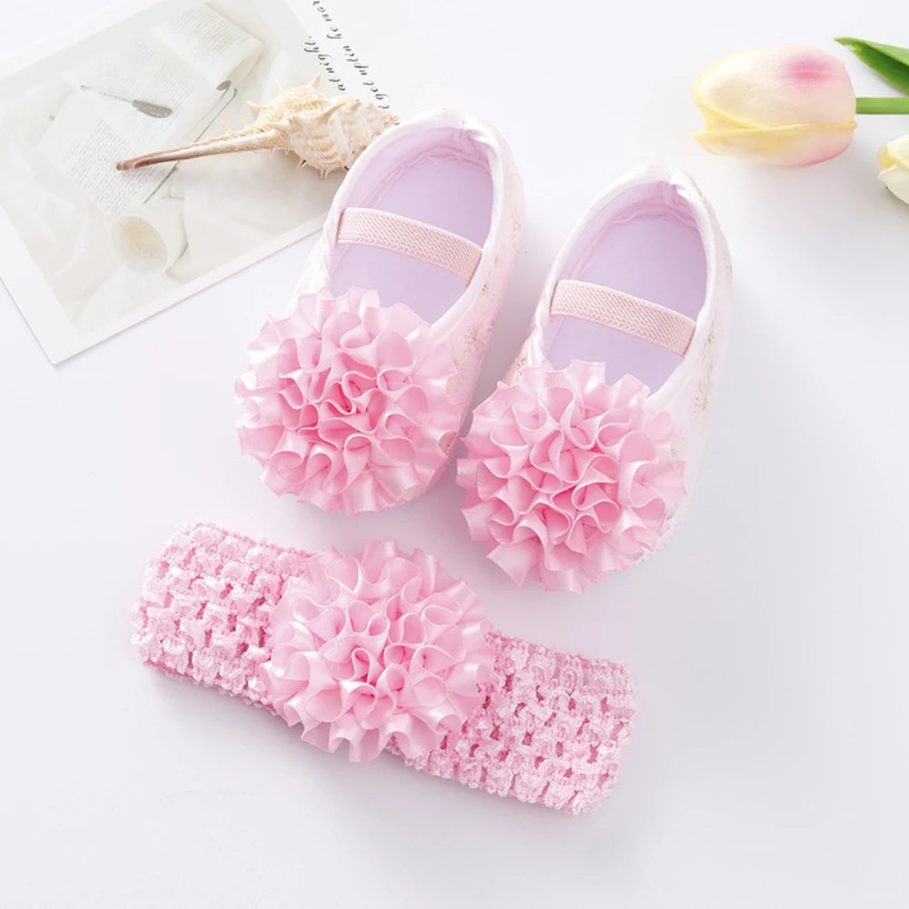 Newborn Baby Shoes Baptism Yellow Headband Baby Girl Lace Shoes Set Toddler Prewalker Cute Baby Soft Shoes for 0-12M Kids