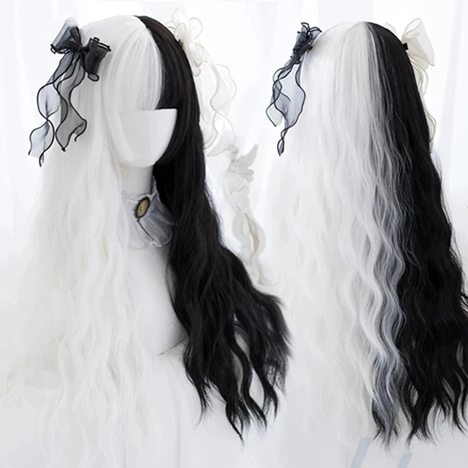 LM Long Body Wave Black And Gray Ombre Cosplay Wigs Heat Resistant Synthetic Wigs Bangs Natural Lolita Wigs For Women Halloween