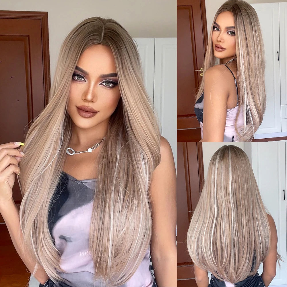 Blonde Unicorn Synthet Wig Long Wavy Mixed Brown Blonde for White Black Women Daily Party High Density Temperature Fibre Hair