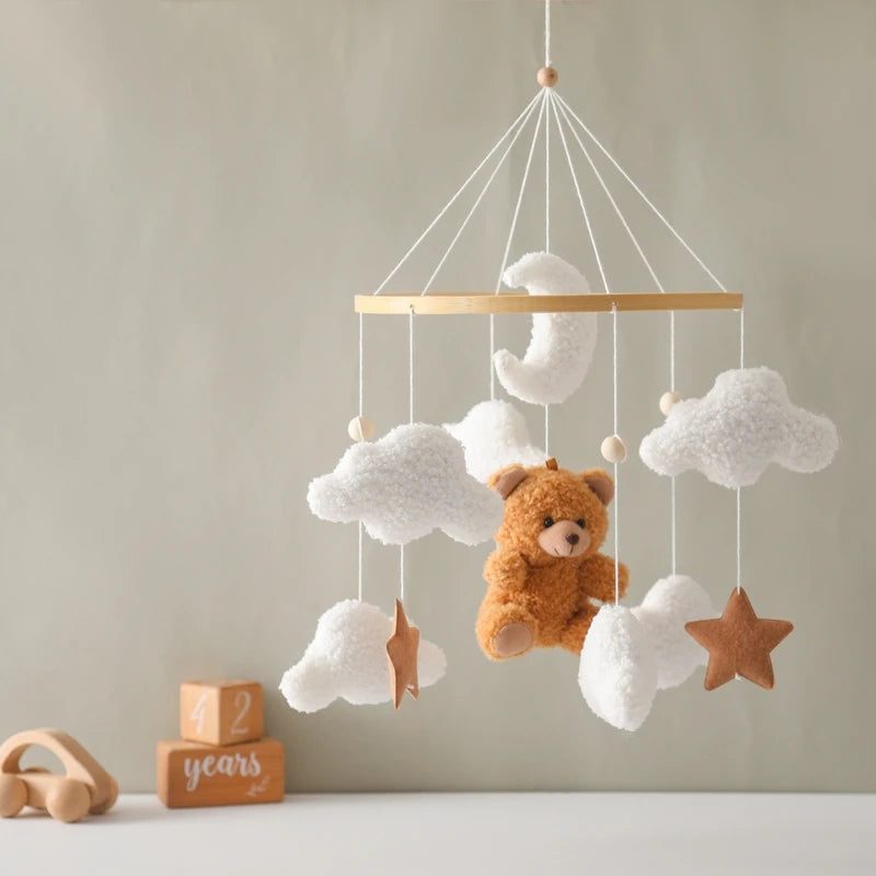 Wooden Crib Mobile Baby Bed Bell Rattle Toy Soft Felt Cartoon Bear Mobile Hanging Newborn Music Box Bed Bell Hanging Bracket Toy