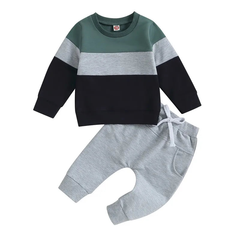 Newborn Baby Boy Pant Sets Autumn Clothes 2 Piece Outfits Contrast Color Long Sleeve Sweatshirt and Elastic Pants Baby Items