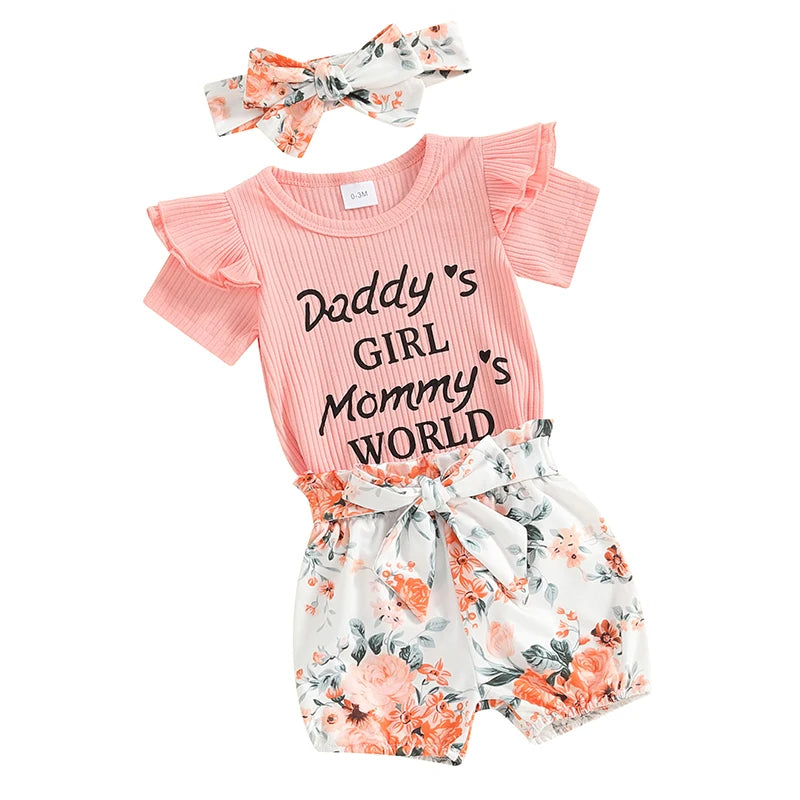 Newborn Baby Girls Outfit Daddy s Girl Mommy s World Print Short Sleeve Romper Jumpsuit Bodysuit Tops Floral Shorts