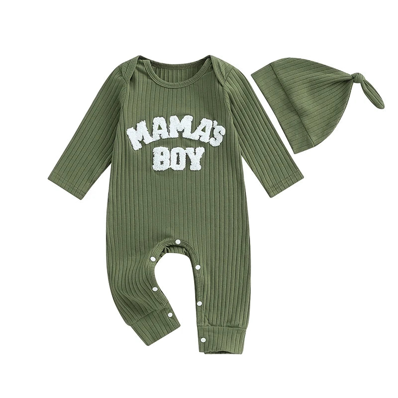 Baby Clothing Boy Bodysuits Letter Embroidered Ribbed Long Sleeve Fall Jumpsuits Hat Outfits Newborn Clothes