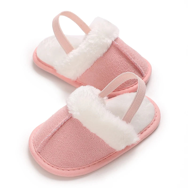 Toddlers Baby Boys Girls Fluffy Slides Soft Slippers Anti-slip Pre-walker Newborn Plush Warm Floor Shoes Elastic Back Strap