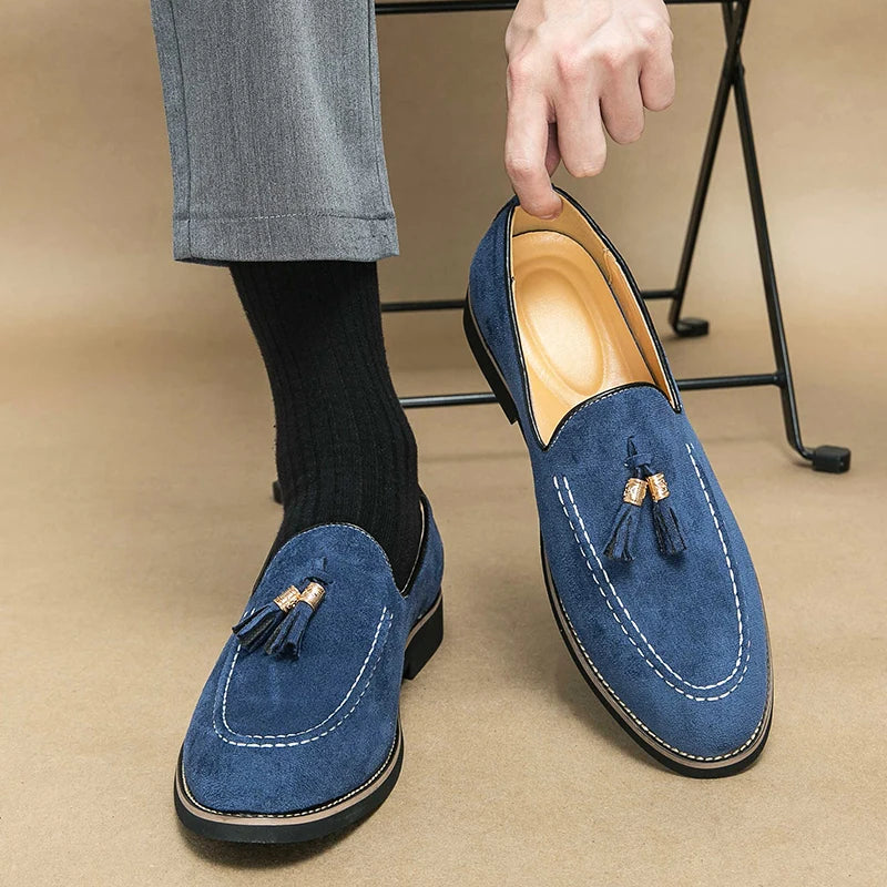 New Luxury Tassel Leather Men Shoes Slip On Loafers Round Toe Patchwork Suede Dress Shoes Man Daily Wedding Party Shoes for Man