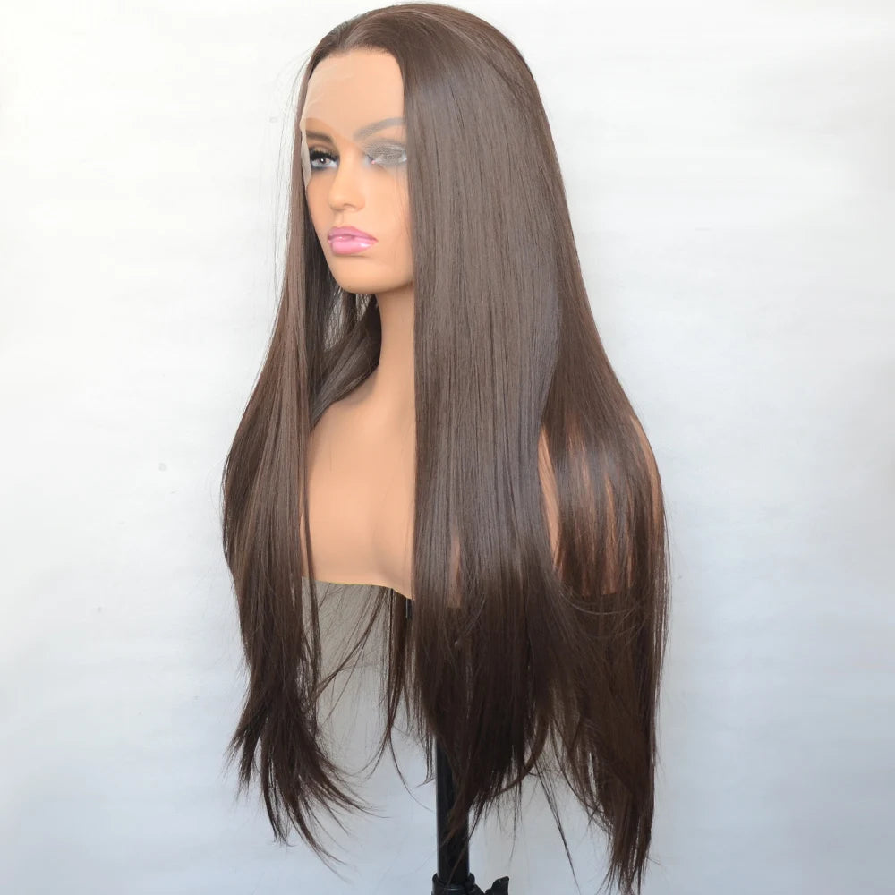 Voguebeauty Dark Brown Lace Front Wig 6# Silky Straight Synthetic Hair Natural Hairline for Women Cosplay Daily Wear