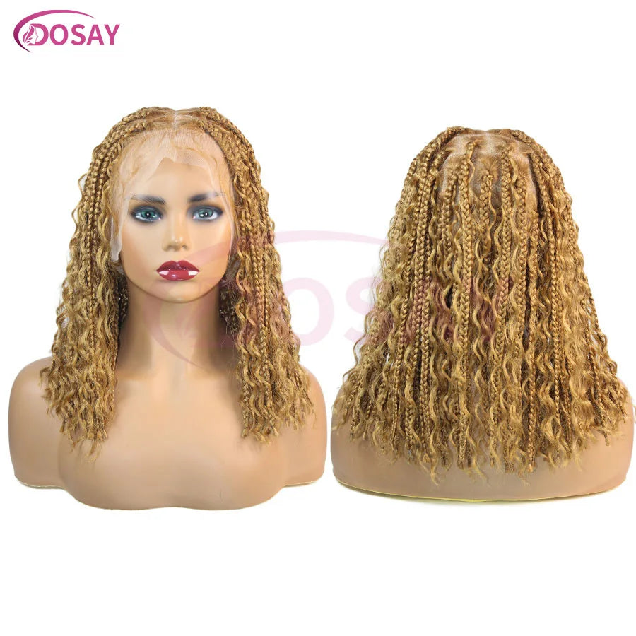 Short 12 Inch Bohemian Curly Braided Full Lace Front Wigs Knotless Box Braid Bob Wig Women Synthetic Locs Goddess Cornrow Braids