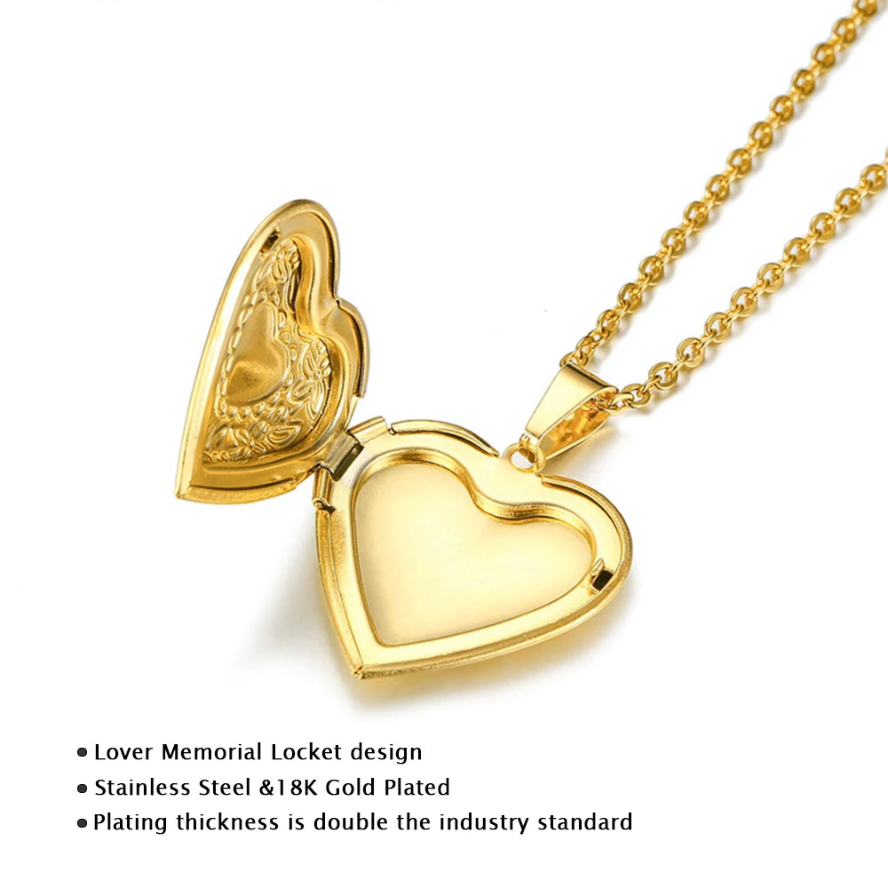 Heart Locket Pendants Necklaces For Women Gold Color Photo Frame Valentine Lovers Necklace 45/66cm Gift Jewelry