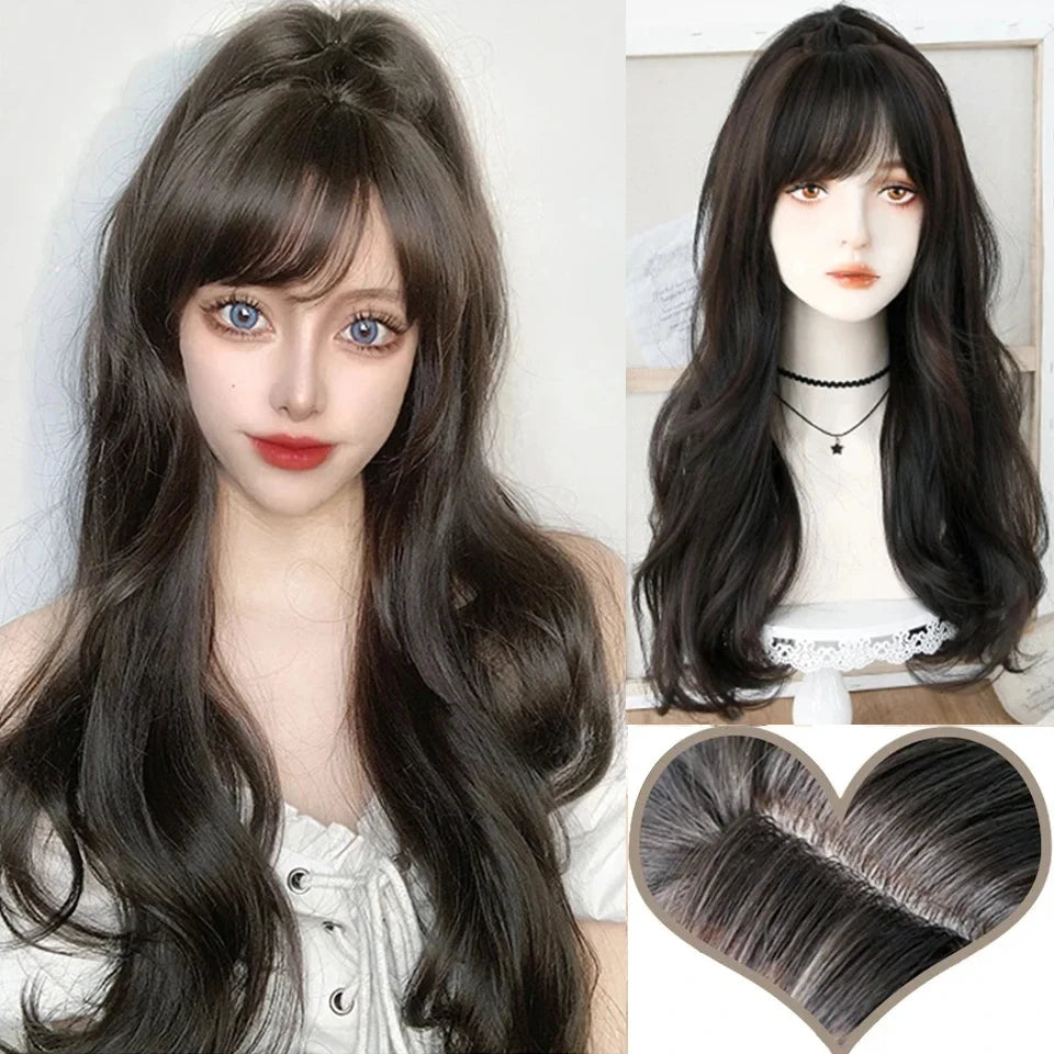 LM Long Body Wave Black And Gray Ombre Cosplay Wigs Heat Resistant Synthetic Wigs Bangs Natural Lolita Wigs For Women Halloween