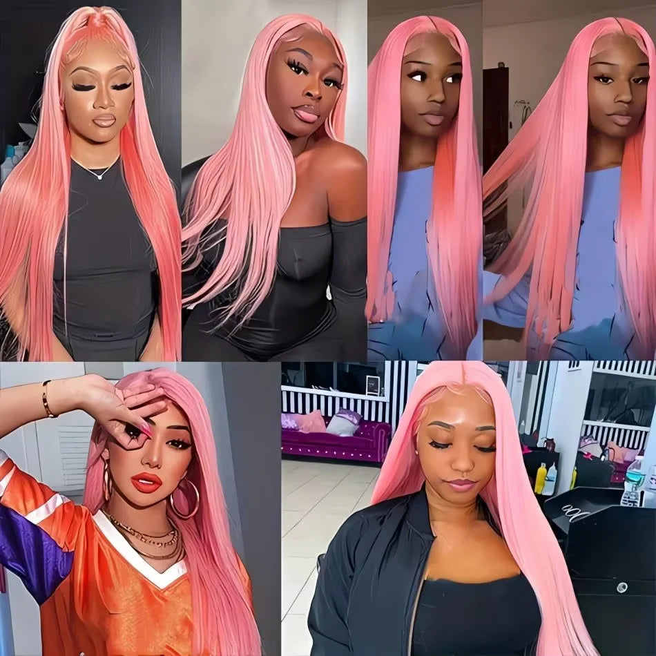 Colored Wigs Human Hair Full End 100% Pink Straight Transparent PrePlucked Brazilian HD Lace Frontal Wig 30 40 Inch For Women