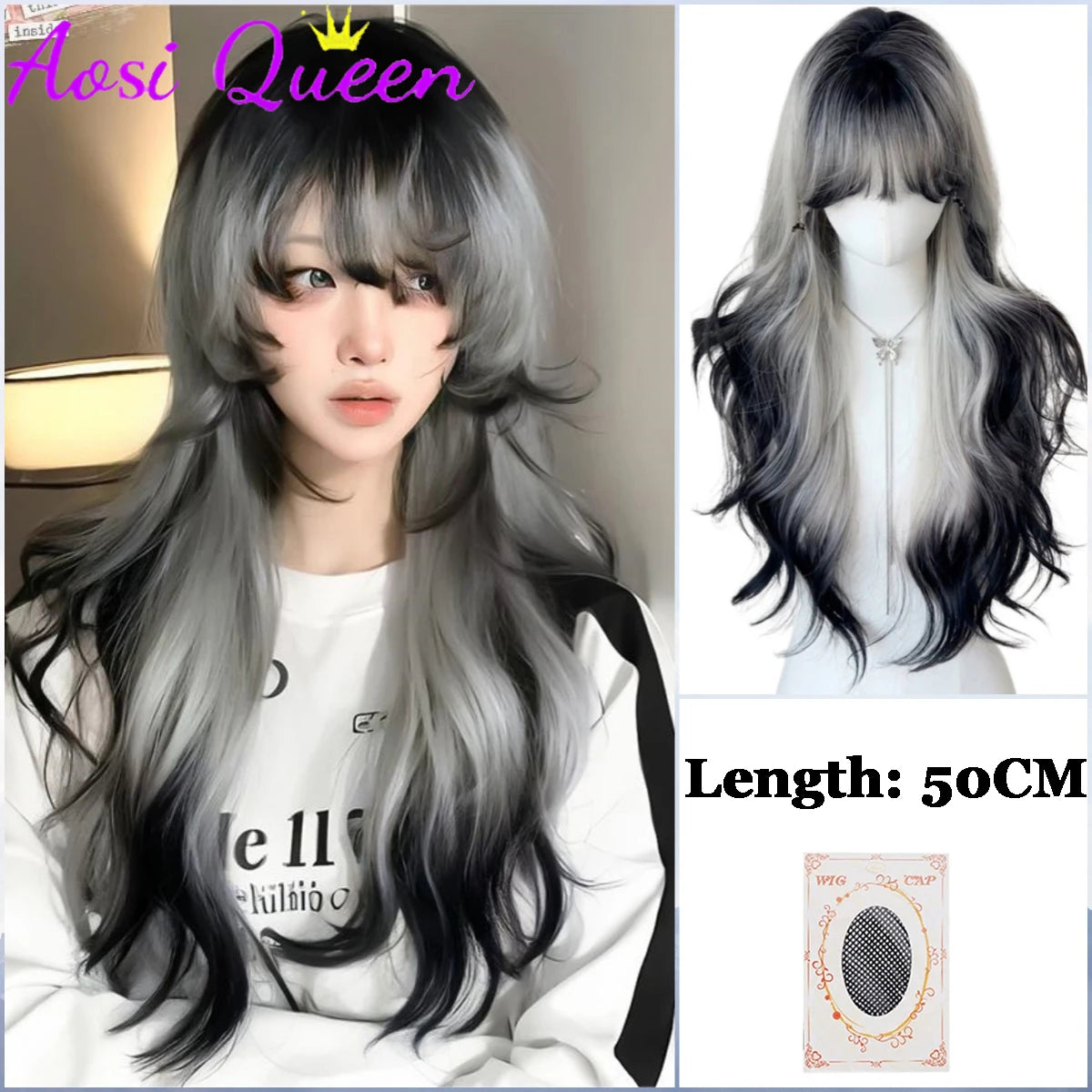 AosiQueen Brown Blonde Long Wavy Synthetic Wigs Middle Part Natural Wig Heat Resistant Cosplay Party Daily Hair Wig for Women