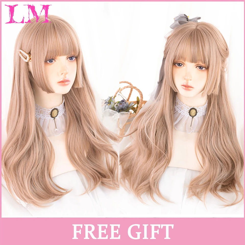 LM Cosplay Wig With Bangs Synthetic Straight Hair 24 Inch Long Heat-Resistant Pink Wig For Women