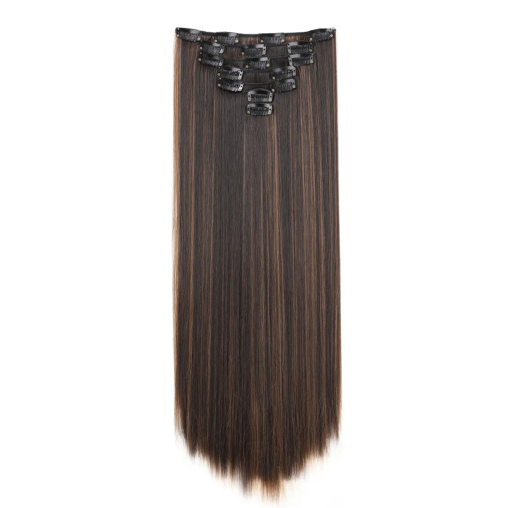 22Inch Long Straight Clip in Hair Extension  Hairstyle 16 Clips 7Pcs/Set   Synthetic  Black Brown Hairpieces  For Wom