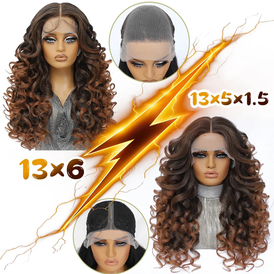 Latisha 13X6 HD Synthetic Lace Front Wigs Curly Pre Plucked Lace Frontal Wig with Bangs for Women Highlight with Babyhair 24Inch