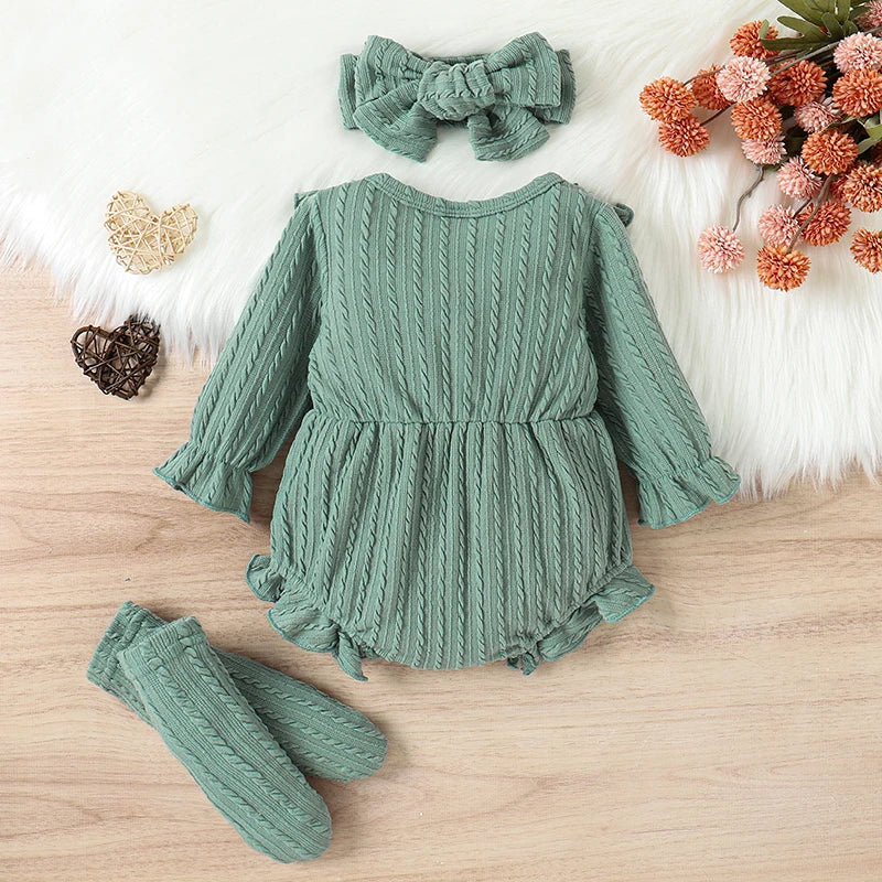 0-12M Infant Baby Girls 3Pcs Fall Outfits Long Sleeve Button Front Ruffle Romper + Socks + Headband Set Lovely Clothes