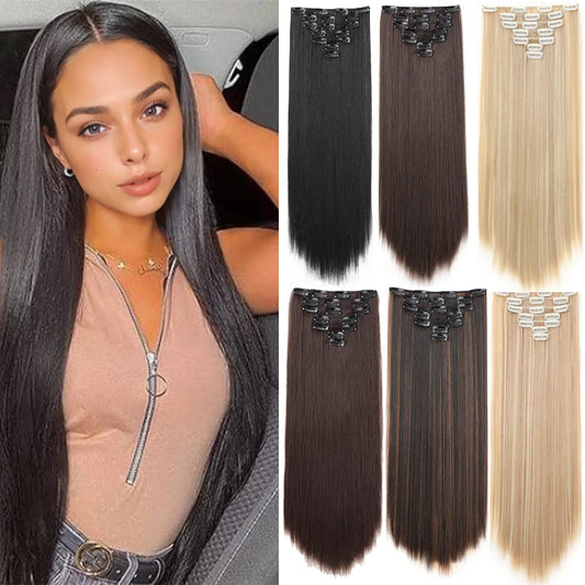 22Inch Long Straight Clip in Hair Extension  Hairstyle 16 Clips 7Pcs/Set   Synthetic  Black Brown Hairpieces  For Wom