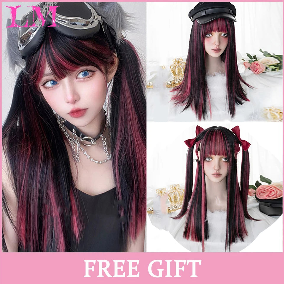 Pink Short Bob Straight Synthetic Wig with Bangs for Cosplay Lolita Fake Hair for White Women Party Natural Wig High Temperature