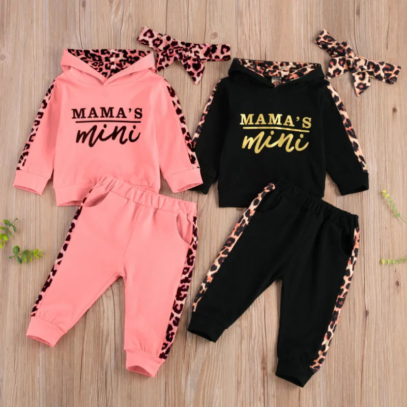 Infant Newborn Baby Girl Clothes Autumn 2023 3PCS Sets Leopard Letter Hooded Sweatshirt Pants Outfit Baby Tracksuit Set Spring